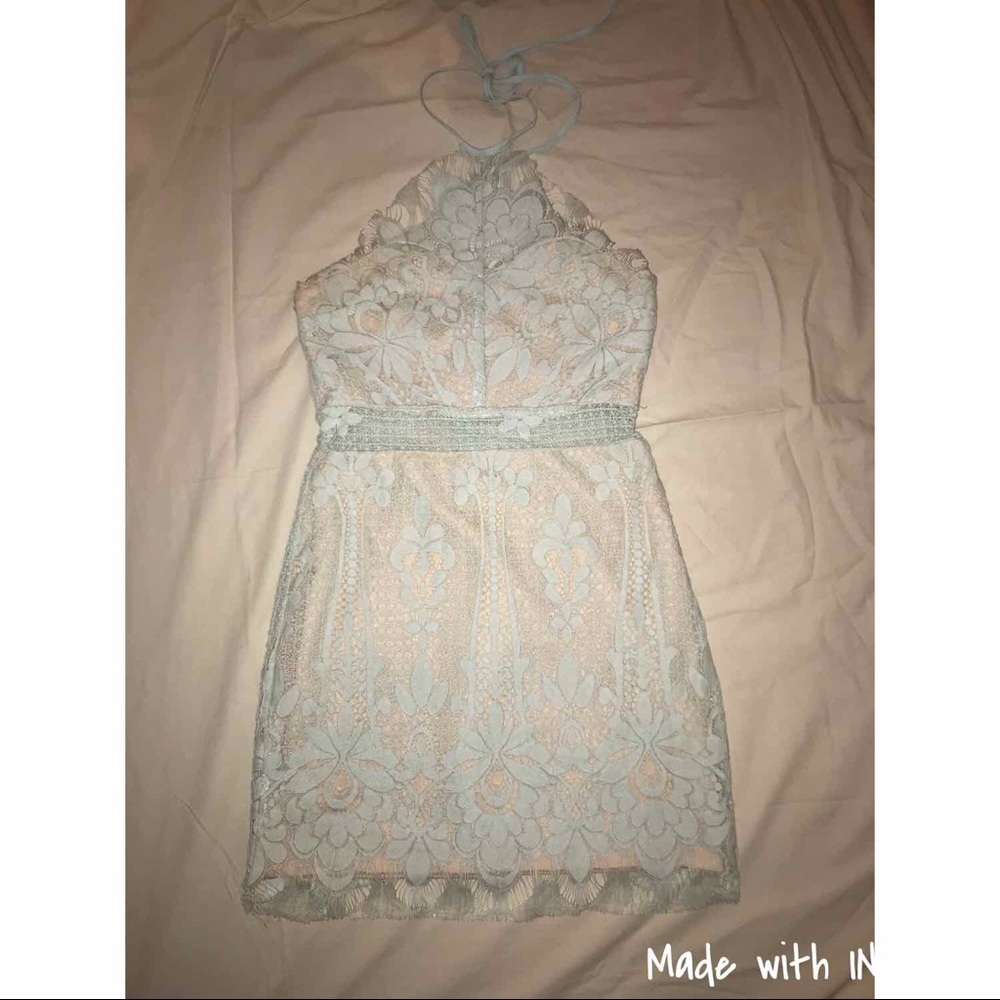 Icy Blue Lace Halter Dress. Size Small